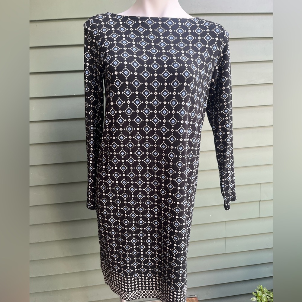JJill Wearever Collection Elegant Black White and Light Blue Geometric Dress 🖤🦋